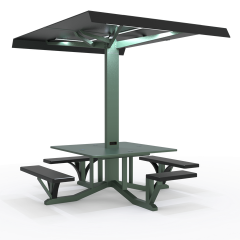 Solar powered table that charges phones and other devices. It has wireless chargers a usb panel and ADA compliant seating